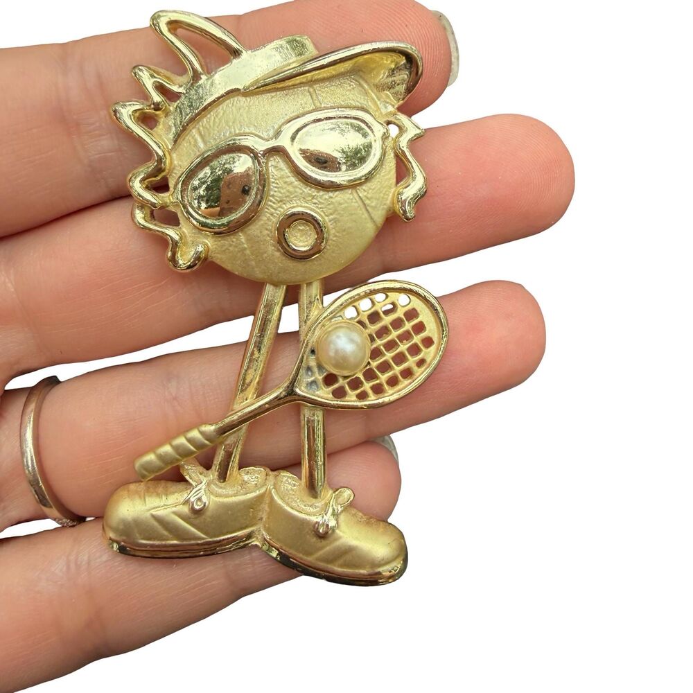 Vintage AJC Tennis Player Pin Brooch Swivel Head Gold Tone Faux Pearl